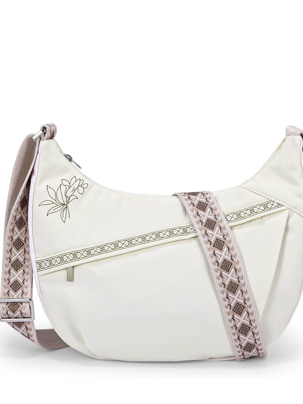 Women's Cream Crossbody Bag with Patterned Strap